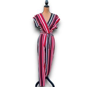 Almost Famous Red Black Multi Striped Short Sleeve Pants Jumpsuit Junior Medium